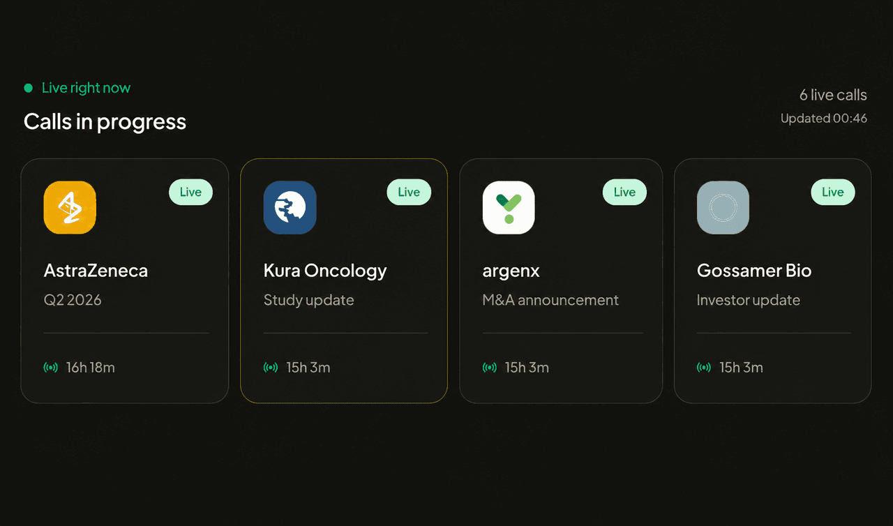 Live earnings calls in progress with company names, event types, and call durations