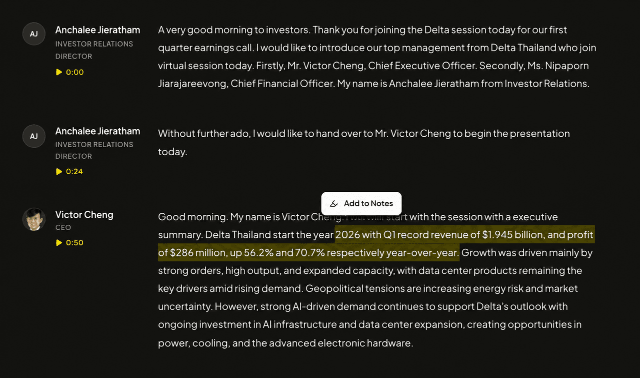 Interactive earnings transcript with speaker timestamps, highlighted text, and an add to notes action