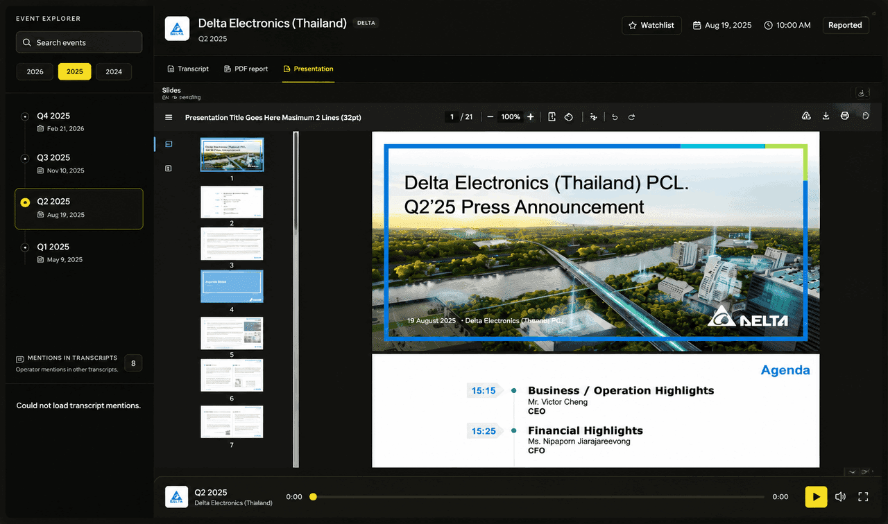Investor presentation viewer with slide thumbnails and document export controls