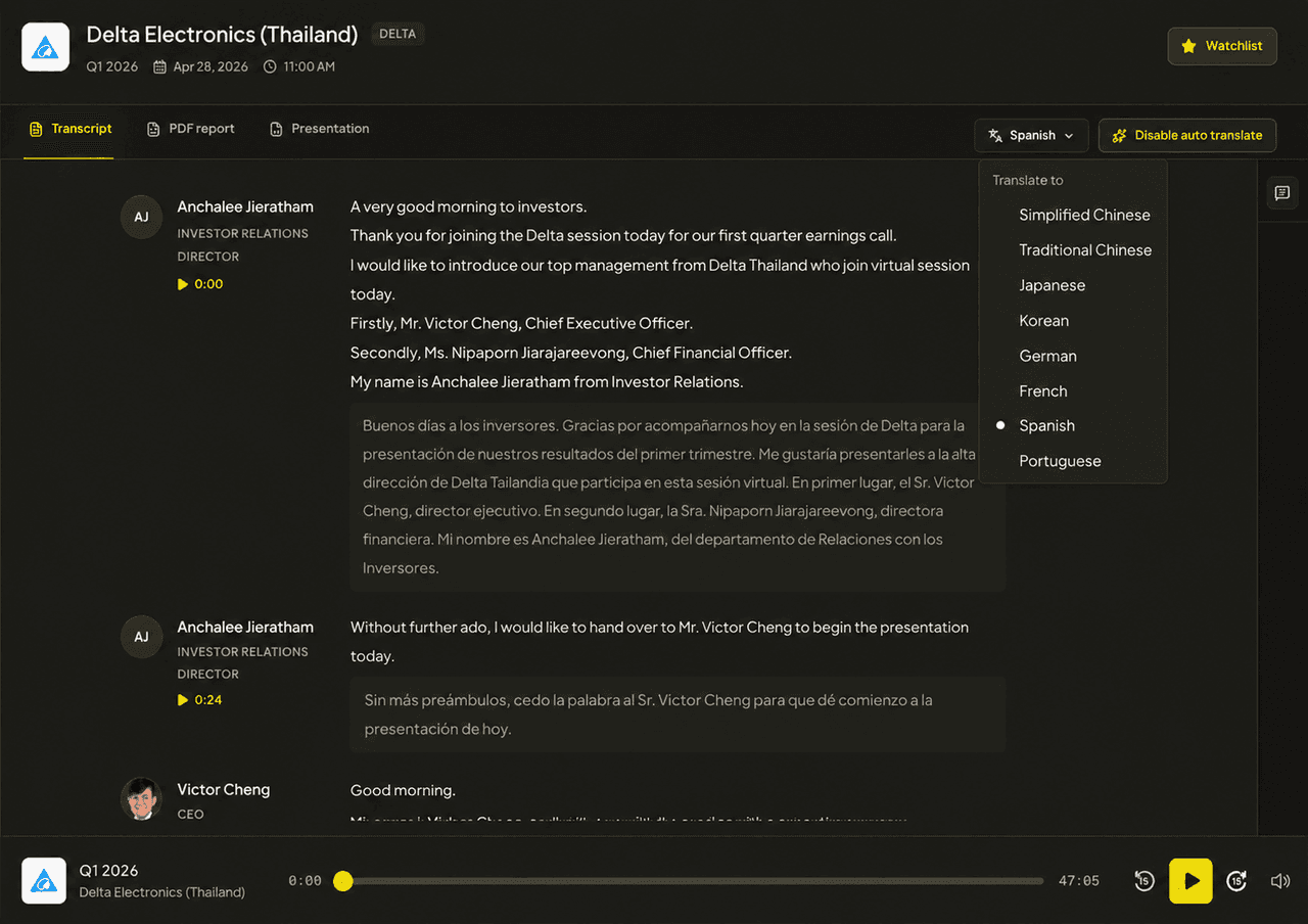 Delta Electronics earnings transcript translated into Spanish with the eight-language translation menu open