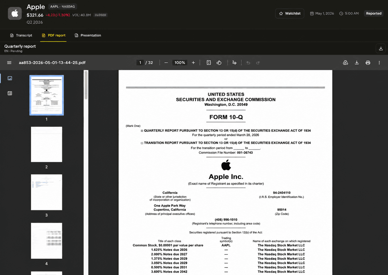 Apple Form 10-Q open in the financial report PDF viewer with document thumbnails and export controls
