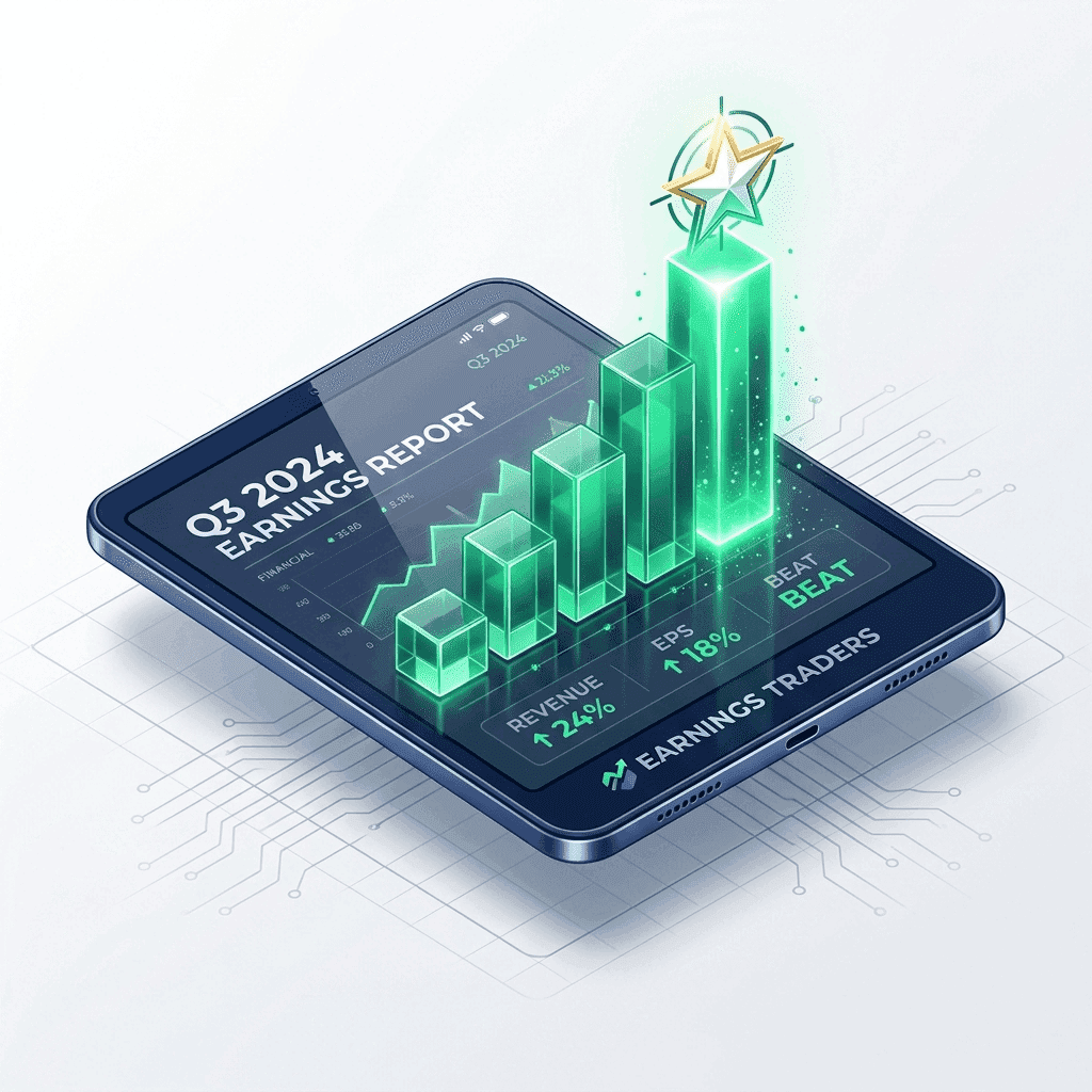 An earnings report dashboard with rising revenue and EPS bars