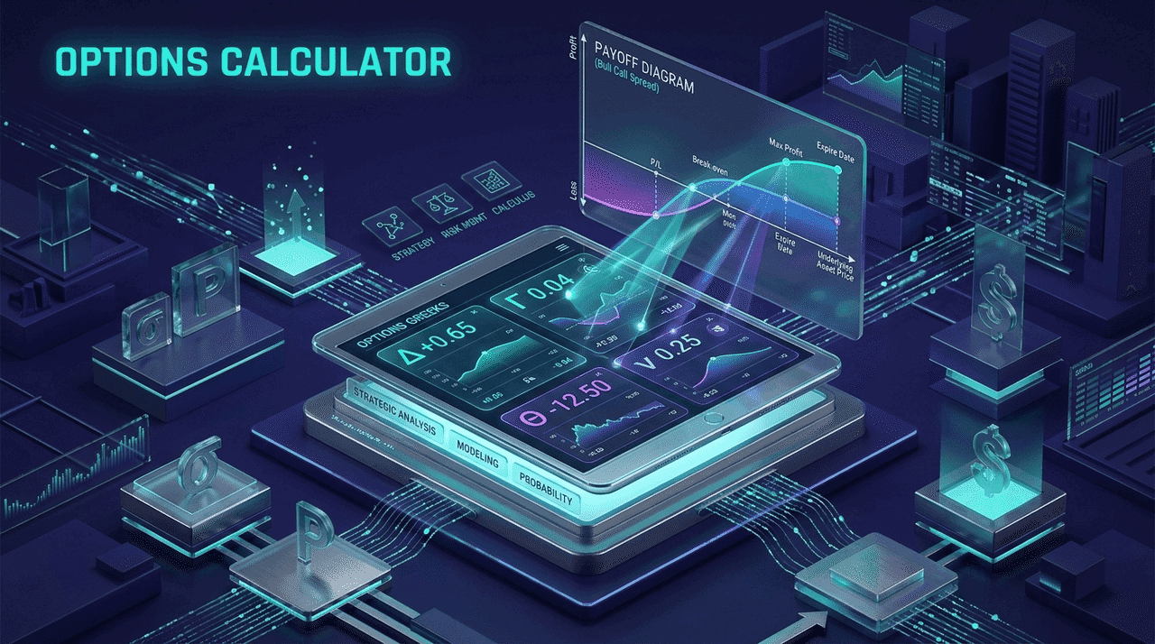 Options calculator workspace with payoff diagram and Greeks analysis