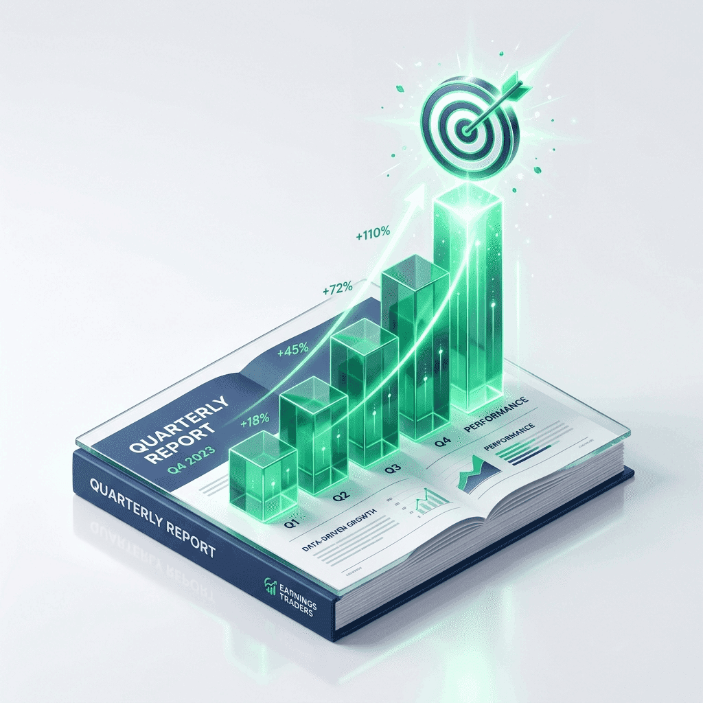 An earnings report with a rising quarterly performance chart