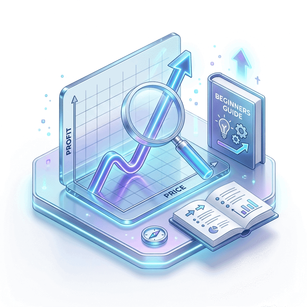 A beginner's guide beside an option profit chart and magnifying glass