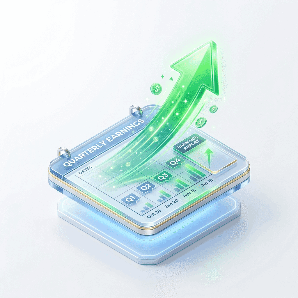 Quarterly earnings calendar with a rising performance arrow