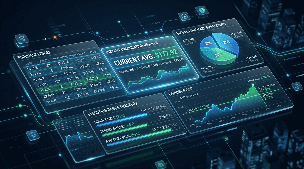 Stock average calculation dashboard showing a purchase ledger, weighted average, allocation, and execution range