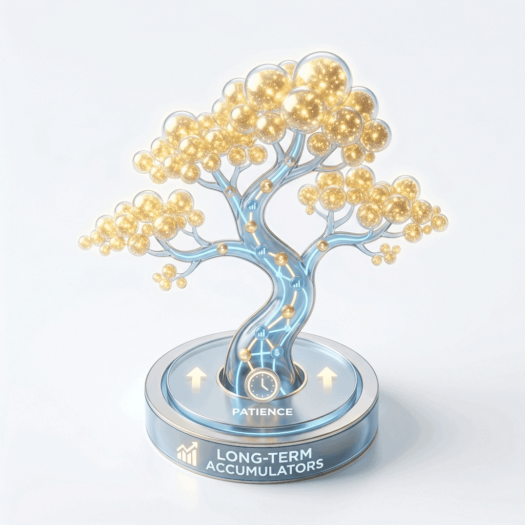 A luminous investment tree representing patient long-term accumulation