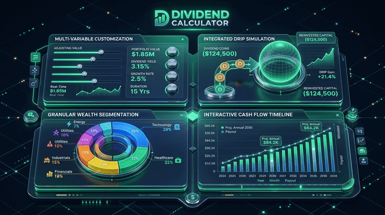 Dividend calculator dashboard showing adjustable inputs, DRIP simulation, wealth segmentation, and cash flow