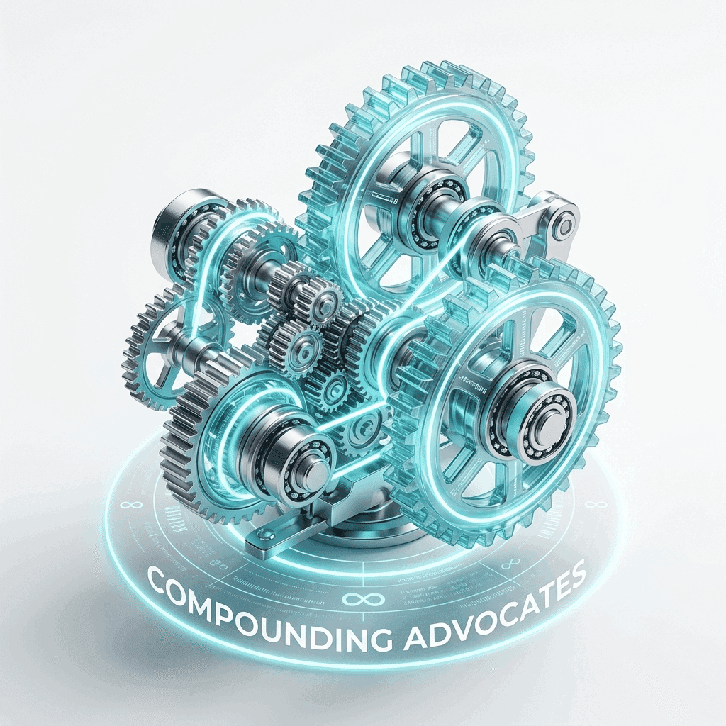 Interlocking gears representing long-term dividend compounding