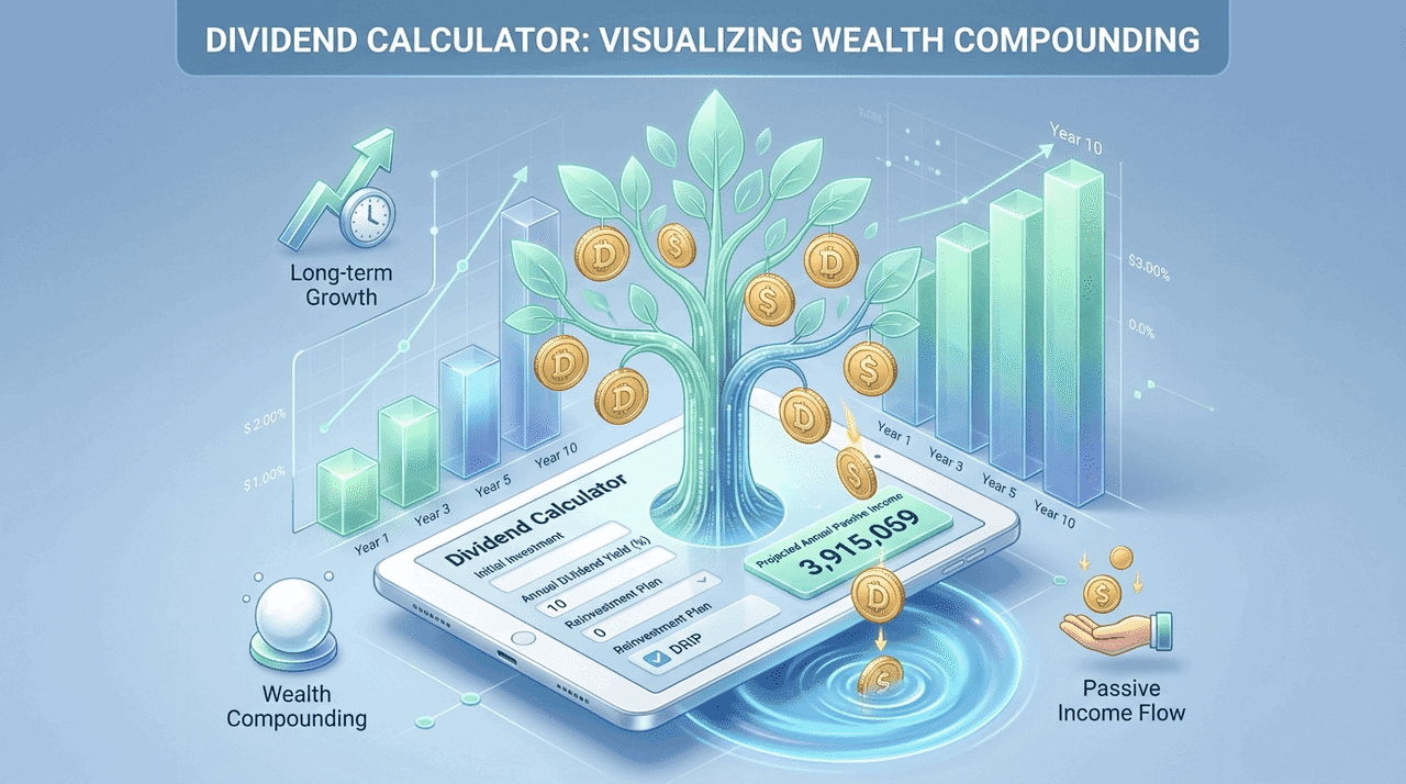 Dividend calculator visualizing long-term wealth compounding and passive income