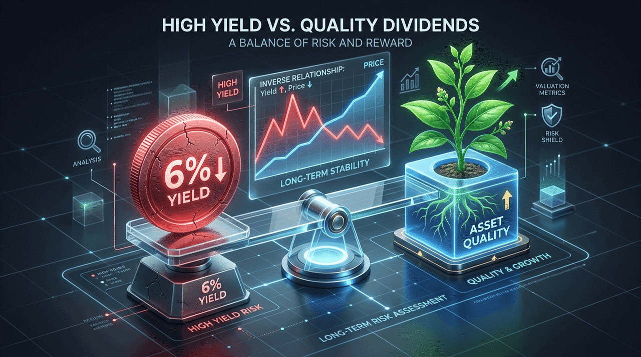 A balance comparing high dividend yield risk with long-term asset quality