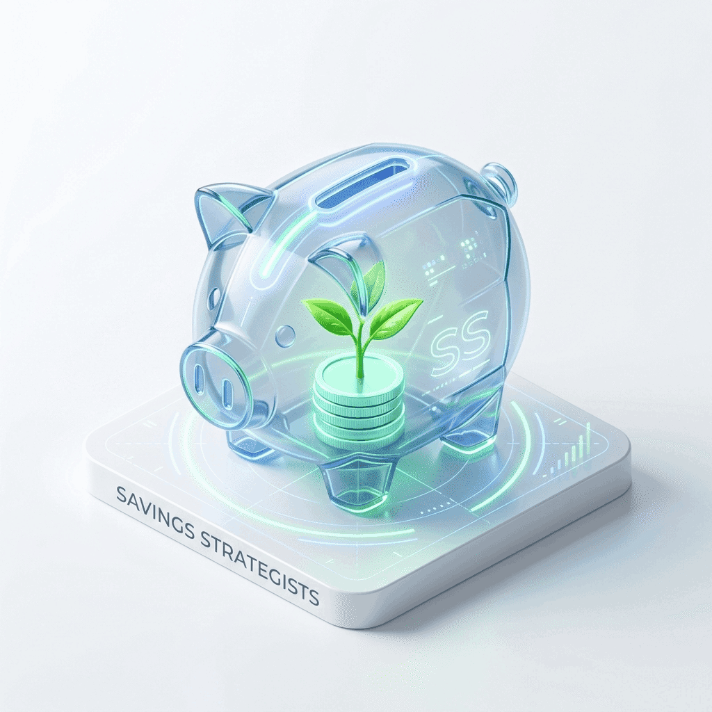 A transparent savings bank with a growing plant