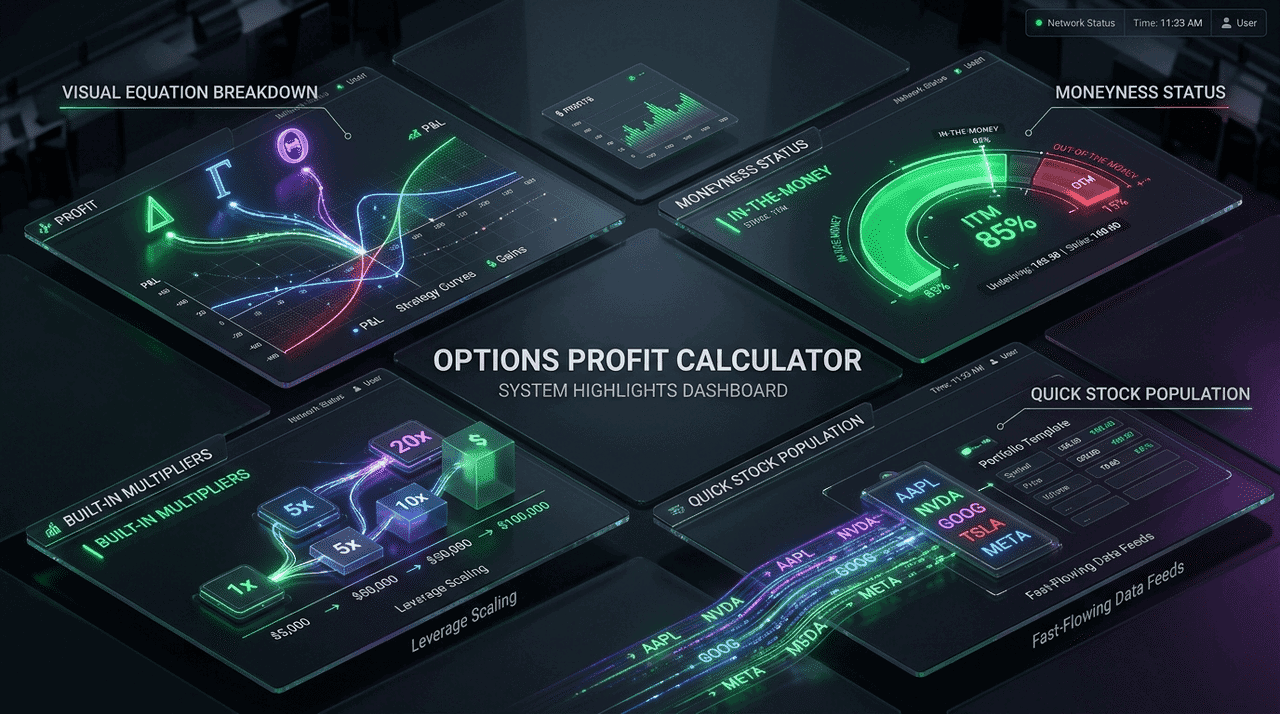 Options profit calculator system highlights dashboard