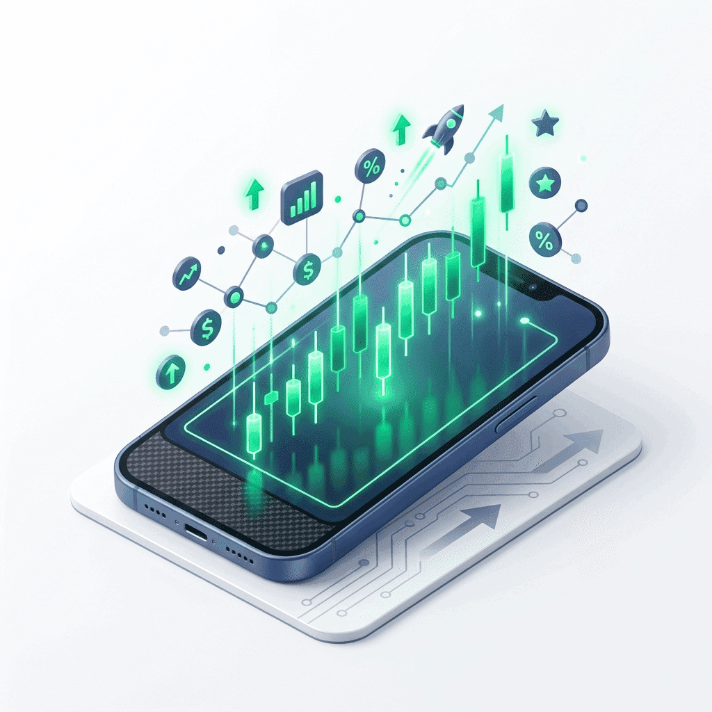 Mobile stock chart with rising candlesticks and market signals