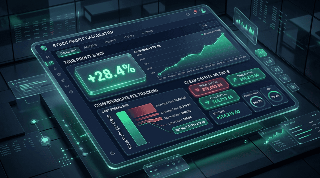 Stock profit dashboard showing ROI, capital metrics, fee tracking, and accumulated profit