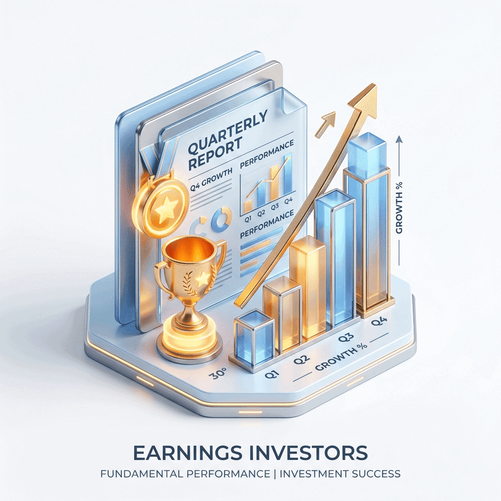 Quarterly earnings report with a rising growth chart and trophy