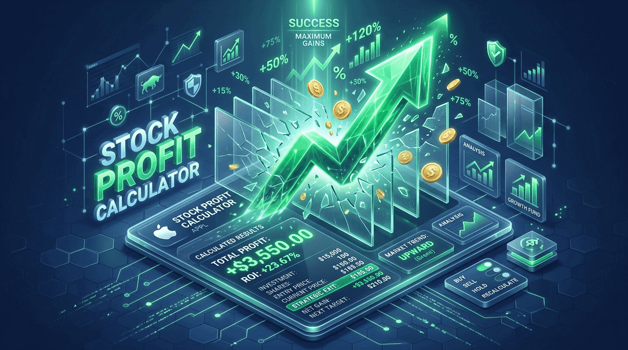 Stock profit calculator visualization with a rising market arrow and projected returns